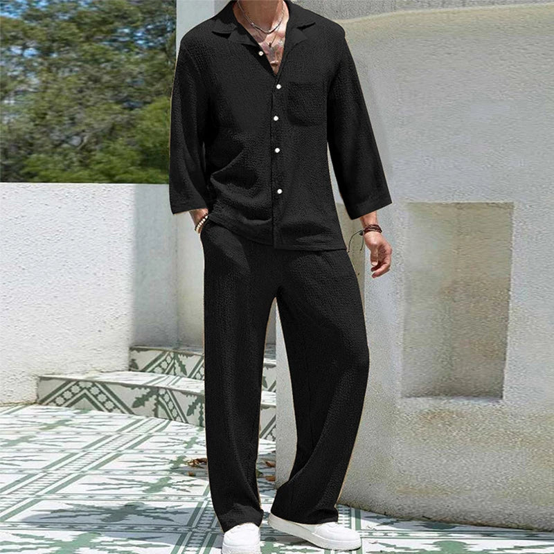 2024 Spring Summer Casual Cotton Shirts And Pants Suits Men Vintage Half Sleeve Irregular Cardigan Two Piece Sets Mens Outfits
