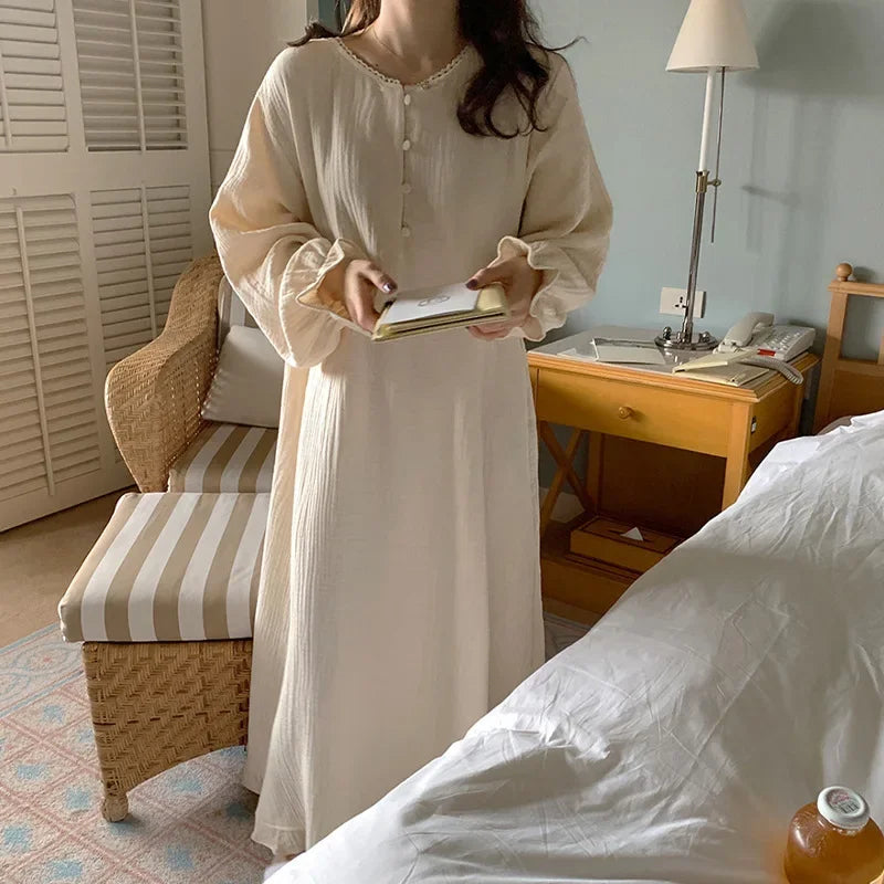 100% Cotton Woman Dress Cute Cherry Print Long Sleeve Button Up Korean Maxi Dresses Comfortable Homewear Vestido De Mujer