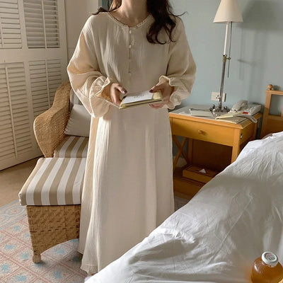 100% Cotton Woman Dress Cute Cherry Print Long Sleeve Button Up Korean Maxi Dresses Comfortable Homewear Vestido De Mujer