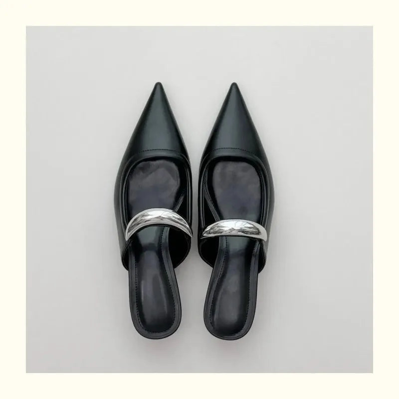 Chunky Pointed Toe Slippers Women Metal Buckle Retro Slides Female Comfy Fashion Low Heel Sandals Designer Mules Pumps Women