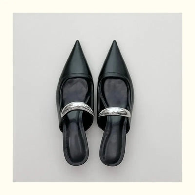 Chunky Pointed Toe Slippers Women Metal Buckle Retro Slides Female Comfy Fashion Low Heel Sandals Designer Mules Pumps Women