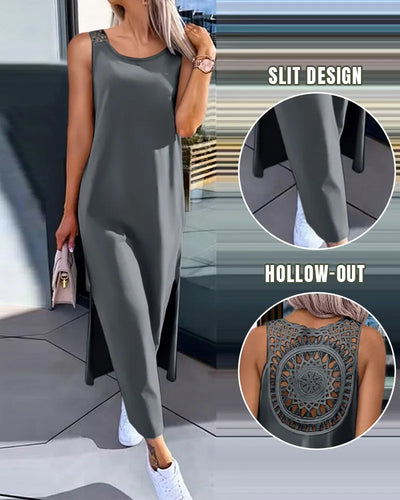 Hollow Out Solid Long Dress Women Fashion Sleeveless O-neck Maxi Dresses For Women 2024 Summer Women's Slim Split Vestidos Black