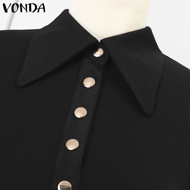 Plus Size 5XL VONDA 2025 Women Knitted Dress Sexy Long Sleeve Split Long Dress Lapel Collar Sundress Casual Robe Solid Vestidos