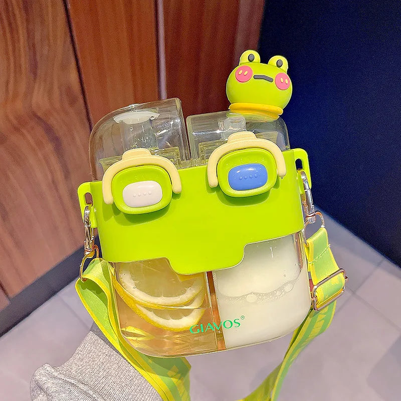 Drinking Bottle Large-Capacity Double-Bin Plastic Straw Cup Children Portable Carrying Water Bottle with High Beauty Cartoon Out