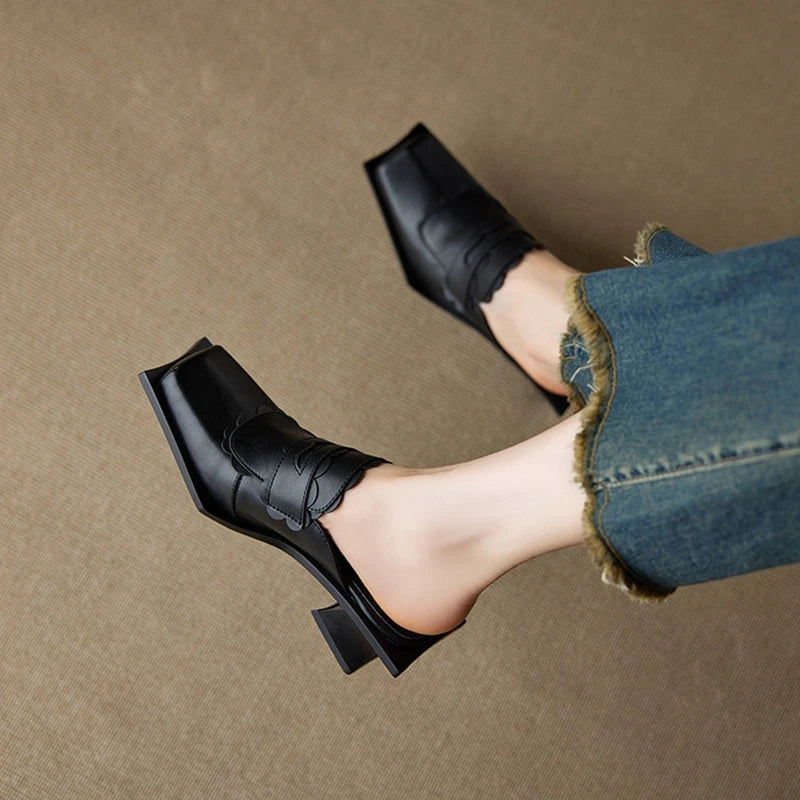 NEW Summer Women Mules Genuine Leather Shoes for Women Square Toe Chunky Heel Shoes Cover Toe Slingback Sandals Modern Slippers