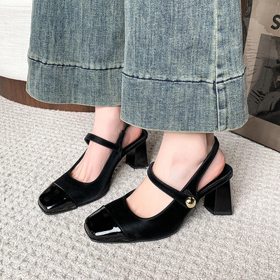 Square Heels Mary Janes Square Toe Med Heels Flats Spring/Autumn Solid Color Women's Shoes Buckle Strap Fashion Ladies Sandals