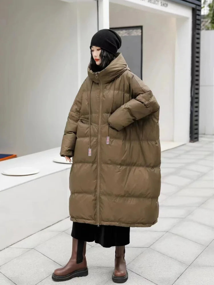 Winter Hooded Drawstring Loose Puffer Jacket Women Solid Oversize Casual Silhouette Long White Duck Down Warm Coat 2024 New Coat