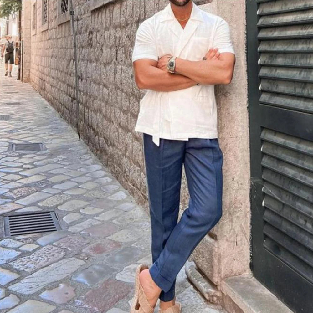Summer Solid Color Linen Short-sleeved Shirt Suit Lapel Strap French Elegant Gentleman Loose Casual Simple Top Men's Clothing