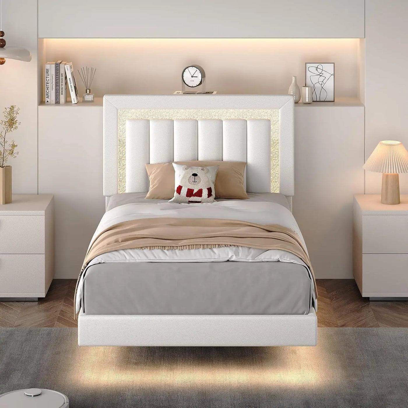 Floating Bed Frame Full with Smart LED Lights, Faux Leather Upholstered Platform Bed with Diamond PU Headboard,