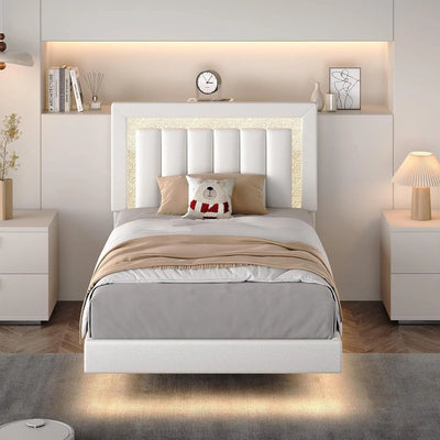 Floating Bed Frame Full with Smart LED Lights, Faux Leather Upholstered Platform Bed with Diamond PU Headboard,