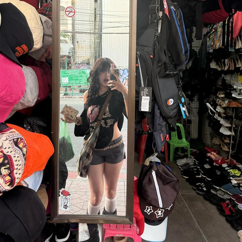 Y2k Letter Diagonal Shoulder Punk T-shirt Gothic Short-sleeved Female Harajuku Summer Street T-shirt Aesthetic Sexy Crop Top
