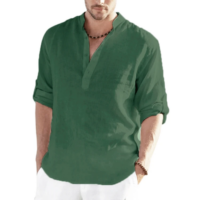 Men Cotton Linen T-shirts Summer V Collarless Long Sleeve Solid Sand Beachwear Office Man Tee Shirt Tops BSDFS-ZT167
