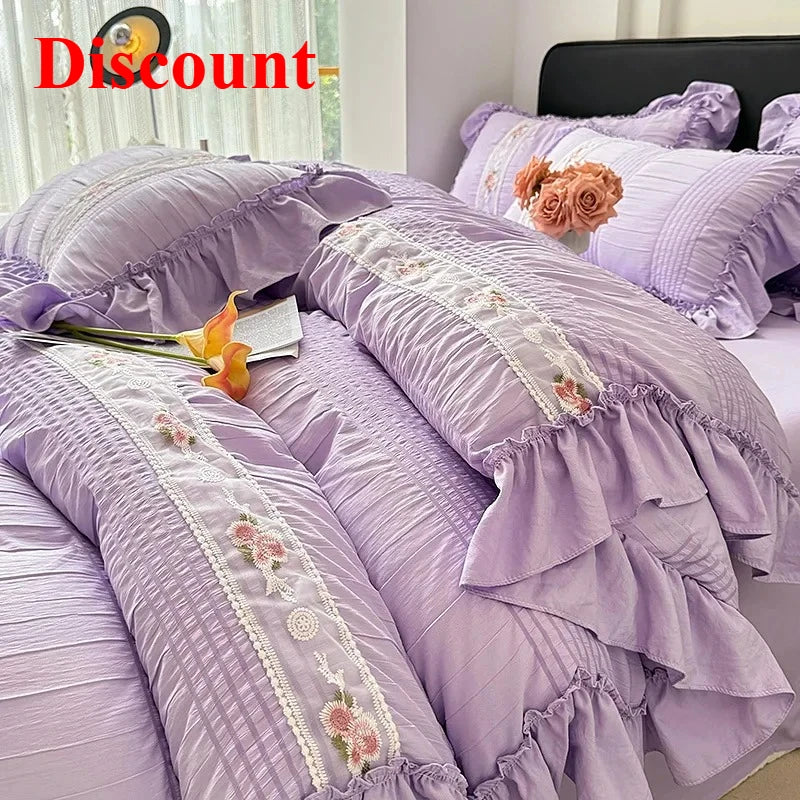 2025 Korean Princess Style Lace Ruffles Wedding Bedding Set Washed Cotton Soft Duvet Cover Set Bed Sheet Pillowcase 3/4Pcs