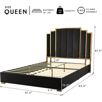 Large bed frame and 61 inch headboard, gold-plated upholstered soft mattress, modern platform bed without box spring, black