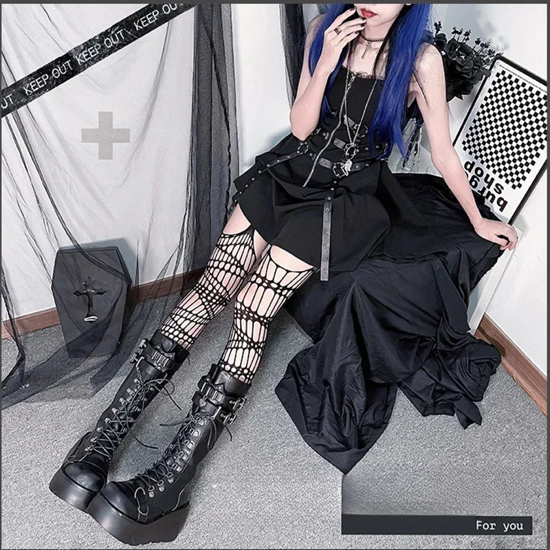 Metal Buckle Chunky Platform Punk Boots Women 2024 Winter Gothic Thick Bottom Knee High Boots Woman Black Wedges Cosplay Shoes