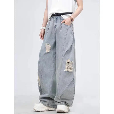 American Retro Washing Scimitar Jeans Men's High Street Vibe Ripped Design Wide-leg Trousers Handsome Casual Pants Jeans for Man