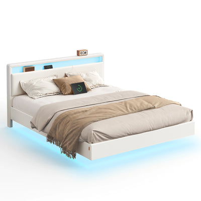 VASAGLE Modern Floating Bed Frame Adjustable LED Lights High Headboard Queen Size Upholstered Bed with Charging Station