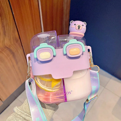 Drinking Bottle Large-Capacity Double-Bin Plastic Straw Cup Children Portable Carrying Water Bottle with High Beauty Cartoon Out