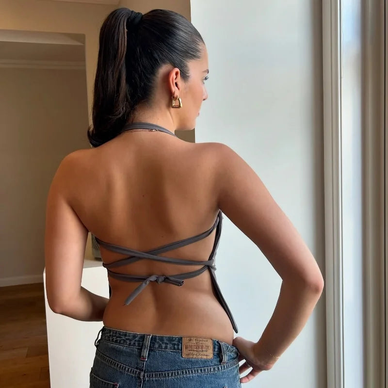 Sleeveless Halter Backless Bandage Fitted Off Shoulder Solid Tank Top