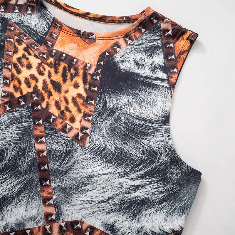CUTENOVA Spring/Summer Leopard Print Sleeveless Tank Top + Mini Shorts Exposed Navel Skinny Shorts Set Fashion Streetwear Y2K