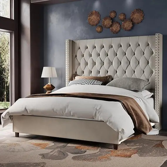 Queen Size Velvet Wingback Bed Frame with 61.4" High Headboard, Handcrafted Pleats and Deep Platform Design