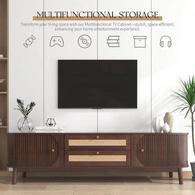 Modern Fluted TV Stand for 75" TVs – Mid-Century Entertainment Center with Tambour Door & Rattan-Fronted Media Console