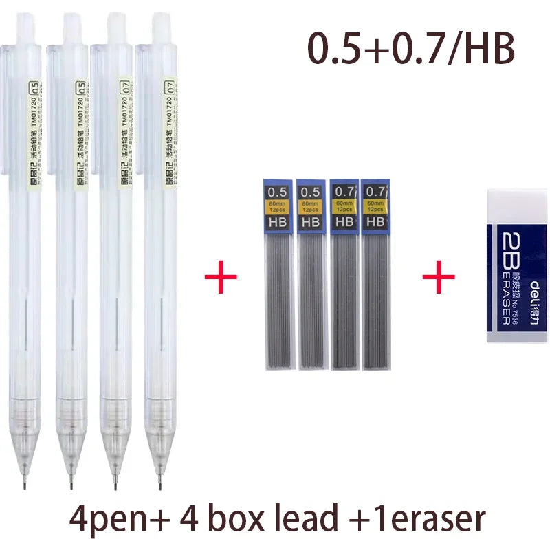 Mixed Loading 0.5&0.7mm Mechanical Pencil White Simple Automatic Pen for Students School Supplies Office Accessories Stationery