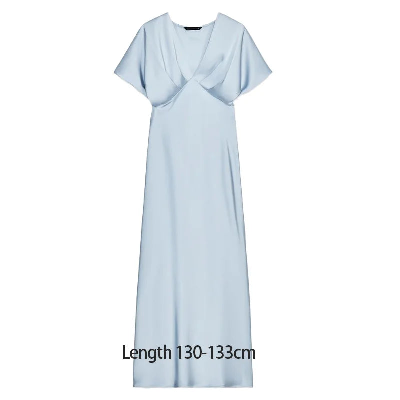 TRAF 2025 Woman Fashion Silk Texture Midi Dress Casual Slim Short Sleeve V Neck Midi Long Dresses Vestidos Mujer