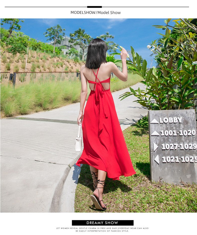 Red Lacing Chiffon Backless Bow Dress