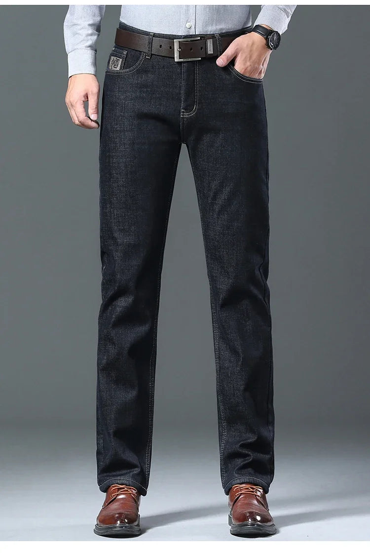 Men's Wool Velvet Jeans Winter Fleece Thickened Business Casual Straight Denim Pants Soft Cozy Thermal Stretch Trousers Male