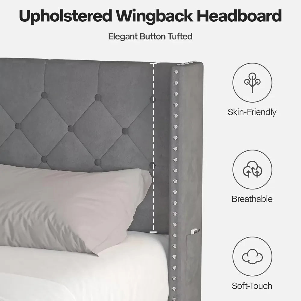 Bed Frame with Led Lights, Upholstered Velvet Platform Bed Frames with Button Tufted Wingback Headboard and Footboard