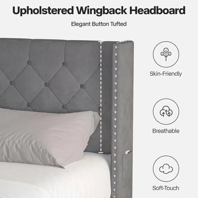 Bed Frame with Led Lights, Upholstered Velvet Platform Bed Frames with Button Tufted Wingback Headboard and Footboard