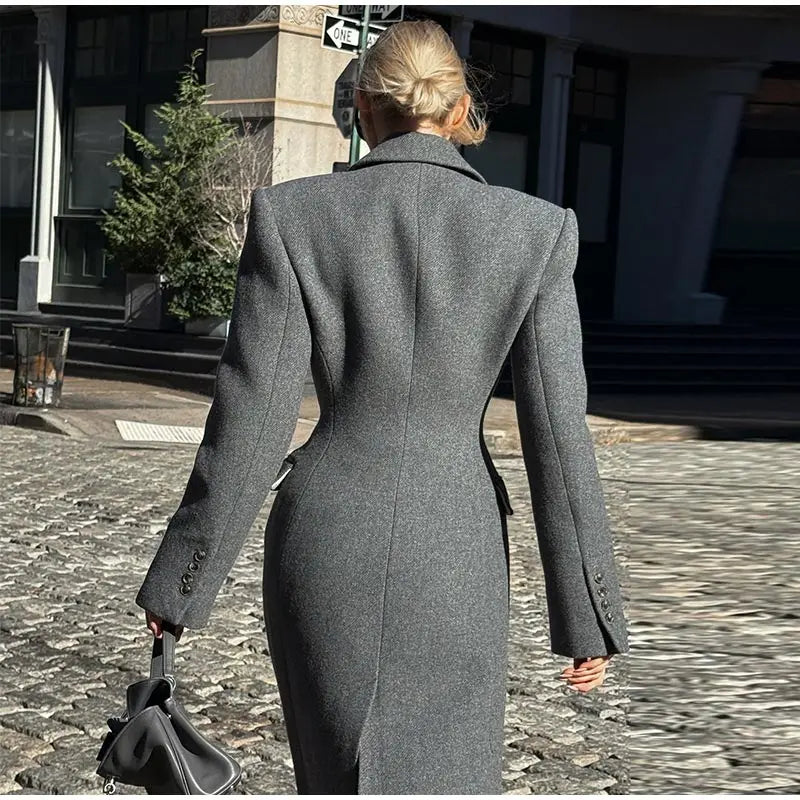 Woolen Burgundy Long Blazer Coat Women Single Breasted Notched Loose Long Sleeve Shoulder Pads Thicken Suit Jacket Female Office