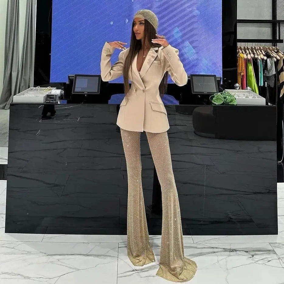 New Stylish Woman Oversize Suit Coat And Shining Diamonds Mesh Pants 2 Pieces Set Fashion Woman High Street Wear Party Outfit