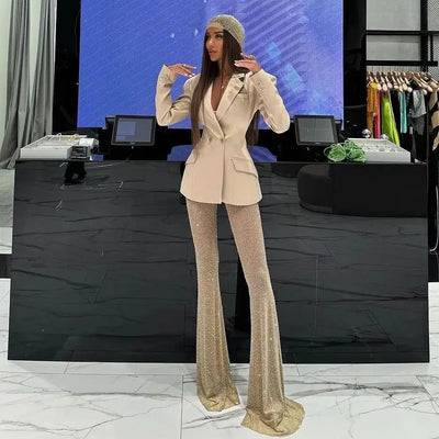 New Stylish Woman Oversize Suit Coat And Shining Diamonds Mesh Pants 2 Pieces Set Fashion Woman High Street Wear Party Outfit