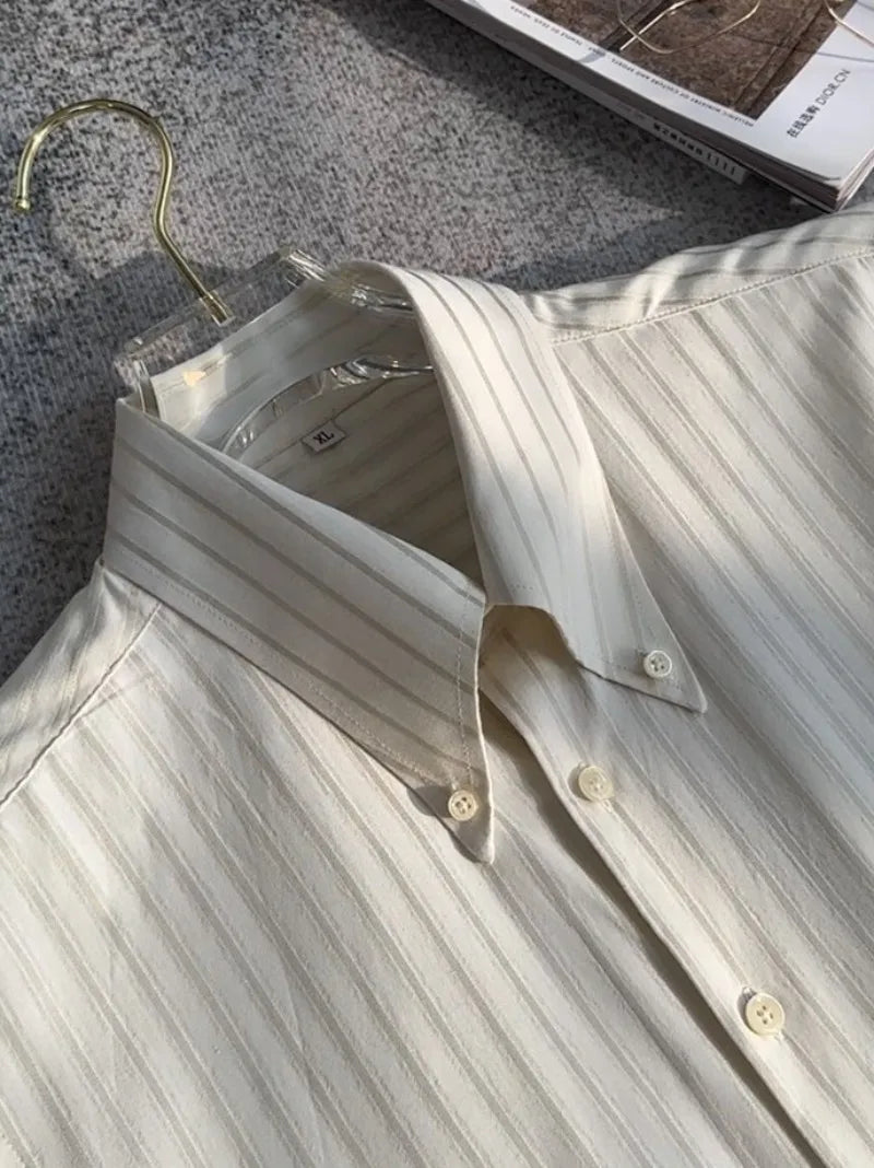 New Daily Business Leisure Mens Stripe Shirt Vintage Single Breasted Slim Fit Office Man Slim Fit Shirts Turn-Down Collar Tops