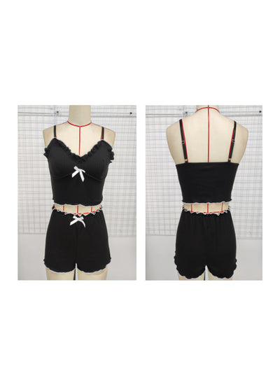 2 Piece Pajamas Set for Women Sexy Sling Top and Elastic Waist Shorts Sets Stylish Bowknot Rib Sleepwear Lounge Set Black XL