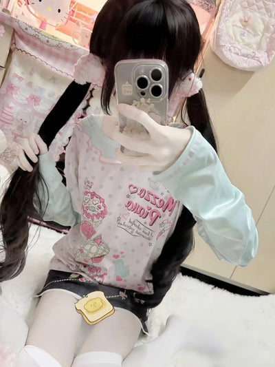 Kawaii Cuteore Sweet T Shirts Women Japanese Style Soft Girl Y2k Harajuku Cute Print Fake Two-piece Slim Tees Tops 2025