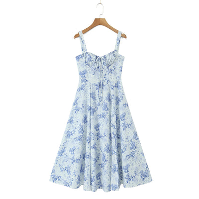 2023 Sexy Ruched Chest Blue White Flower Print Corset Style Sling Dress Cross Lacing up Bandage Back Hem Slit A-Lined Midi Robe