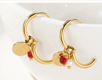 YACHAN 18K Gold Plated Stainless Steel Hoop Earrings for Women Tap Texture Metal Pearl Charms Earring Trendy Jewelry Gift
