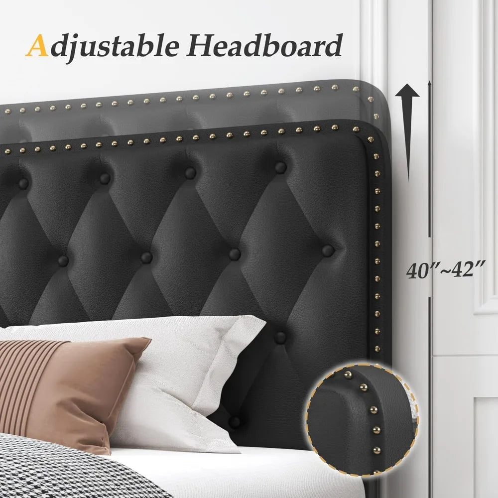 Lifezone Queen Bed Frame with Headboard Faux Leather Upholstered Metal Queen Bed Frame with 4 Storage Drawers, Adjustable Headbo