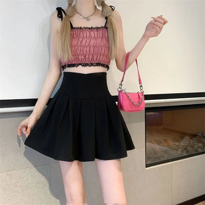 Lucyever Fashion Women Zipper High Waist Mini Skirt Korean Style Anti-Glare Pleated Skirt Female Show Leg Length A-Line Skirts
