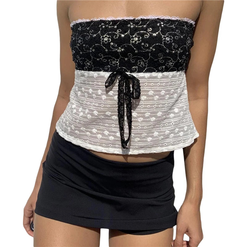 Xingqing y2k Off Shoulder Top Women Fairy Grunge Clothes Summer Sleeveless Lace Trim Patchwork Strapless Tshirt 2000s Streetwear