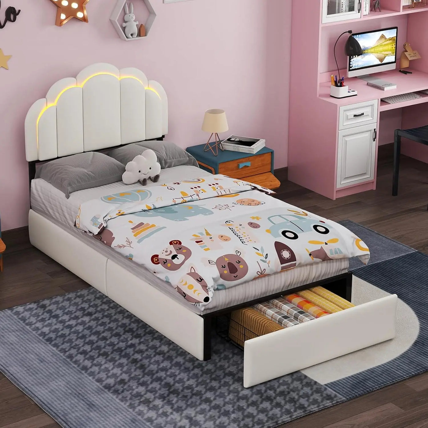 Upholstered LED Bed Frame with Storage Drawer, Cute Girls Bed with Petal-Shaped Headboard, Velvet Princess Platform Bed Frame