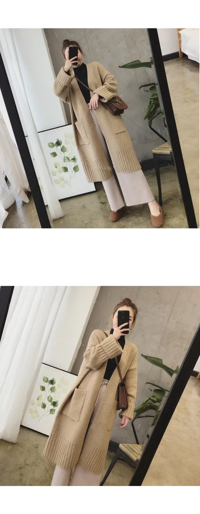 Autumn Winter Knitted Cardigan Women Sweater Jacket 2023 Elegant Vintage Loose Long Outerwear Maxi Y2k Sweater Coat Soft Jacket
