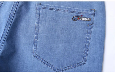 Spring/summer Thin Denim Straight Cotton Stretch Jeans Men Business Casual Cloth High Waist Ice Silk Lightweight Trousers