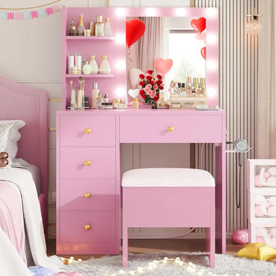 Vanity Desk with Mirror and Lights,Small Makeup Vanity Table with 5 Drawers, Dressing Table for Women Girls Bedroom