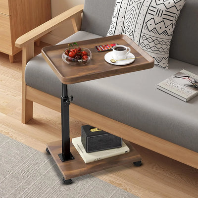 Wooden C-Shape Lifting Side Table Movable Small Table Sofa Corner Table for Sofa Living Room Bedroom Bedside Laptop Desk