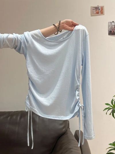 2025 New Summer Women's Light Blue Cooling Sun Protection Top Shirring Detail Loose Sheer Thin Blouse Y2k Korean Fashion Clothes
