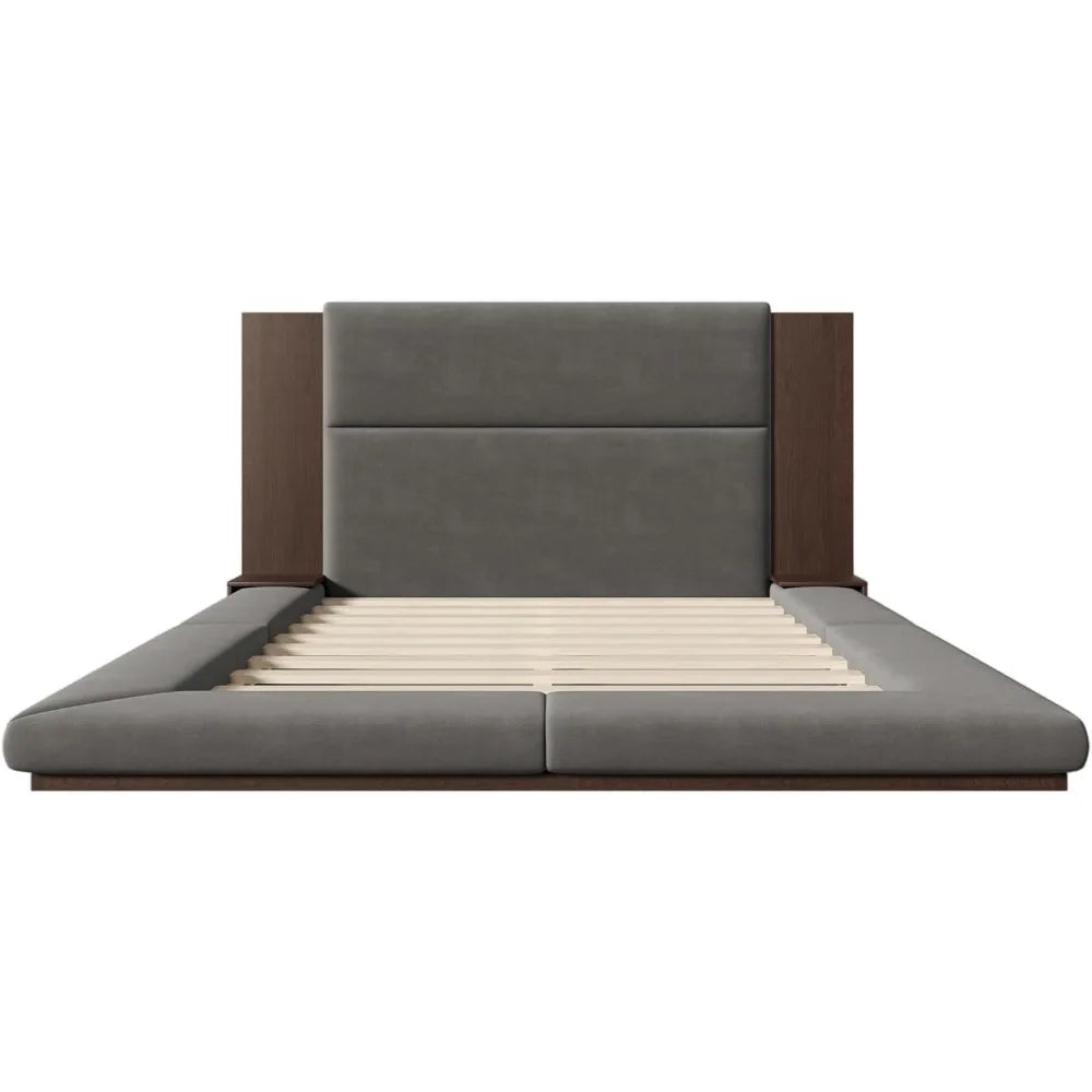 queen velvet upholstered bed frame with built-in side storage and extended wooden headboard